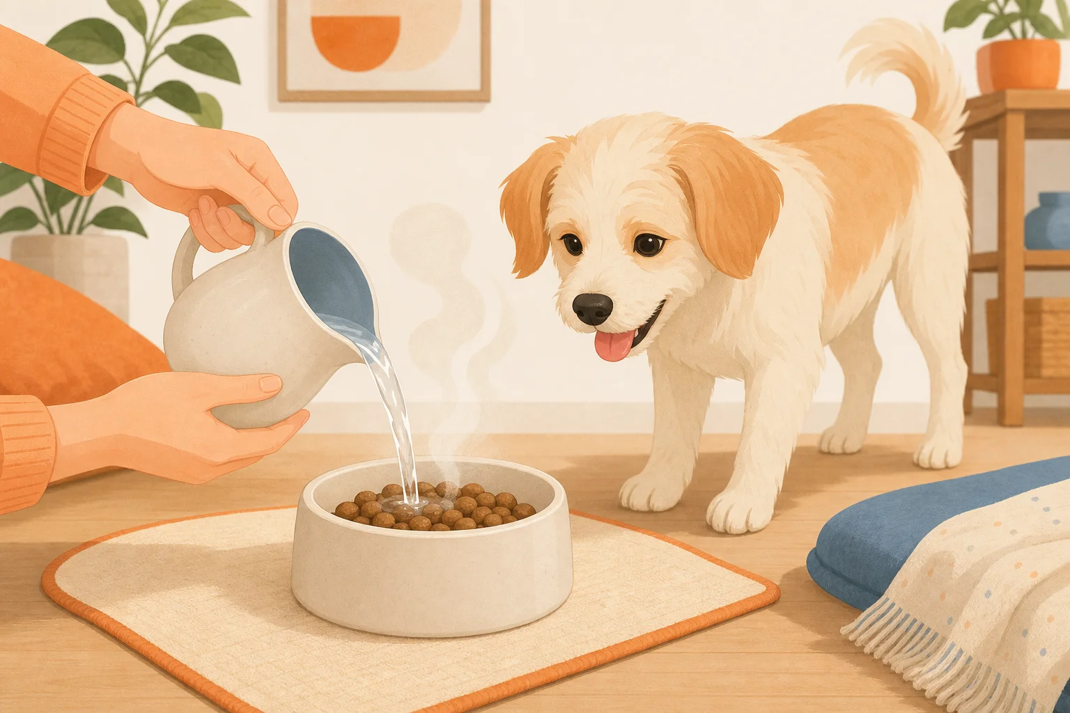 フードボウルにぬるま湯をかけてふやかしている場面のイラスト