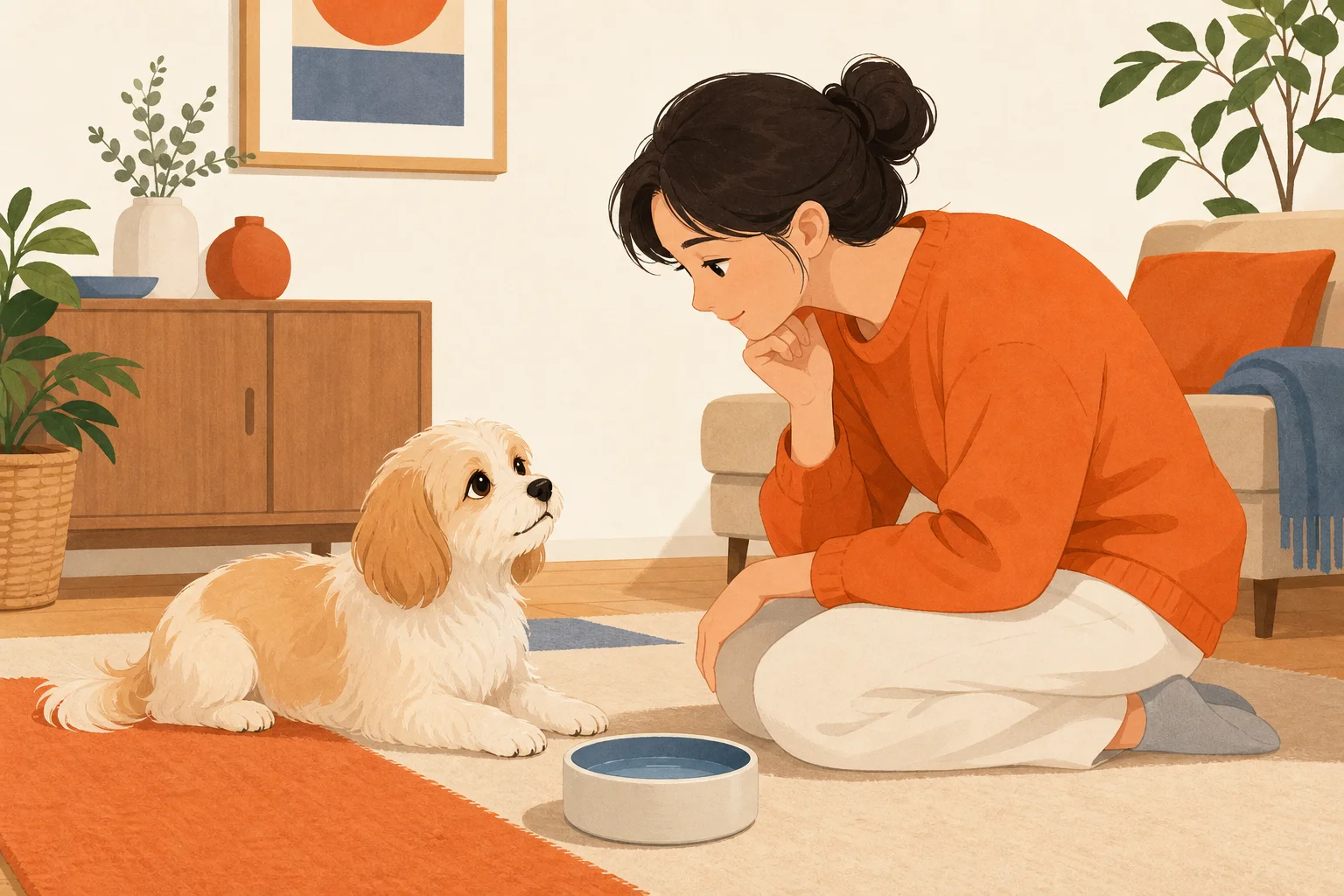 水飲みボウルのそばで、犬の様子を見守る飼い主のイラスト