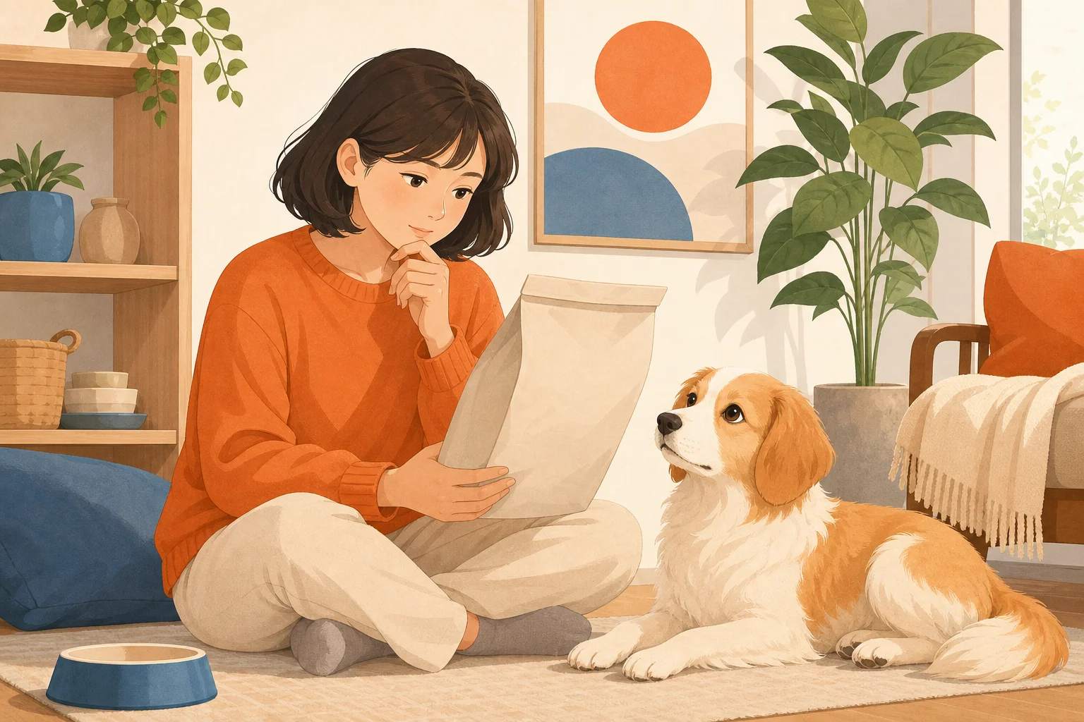 フードの原材料表示を確認する飼い主と、そばでくつろぐ犬のイラスト