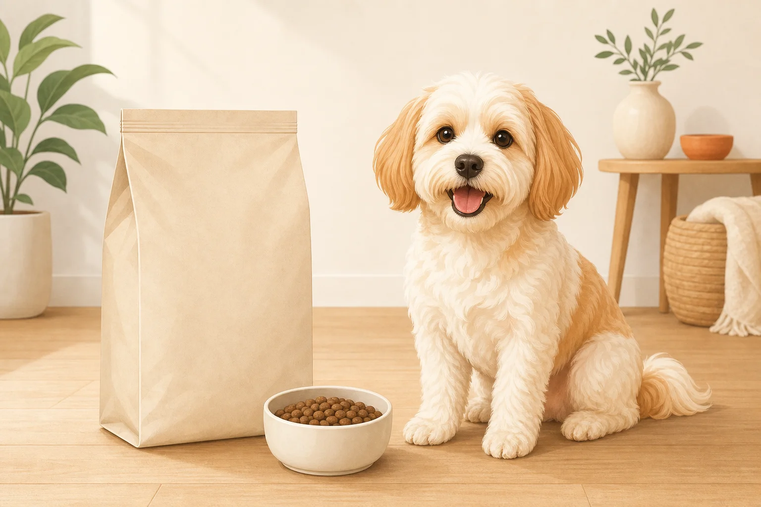 シンプルな原材料のフードの袋と、健康そうな被毛の犬のイラスト