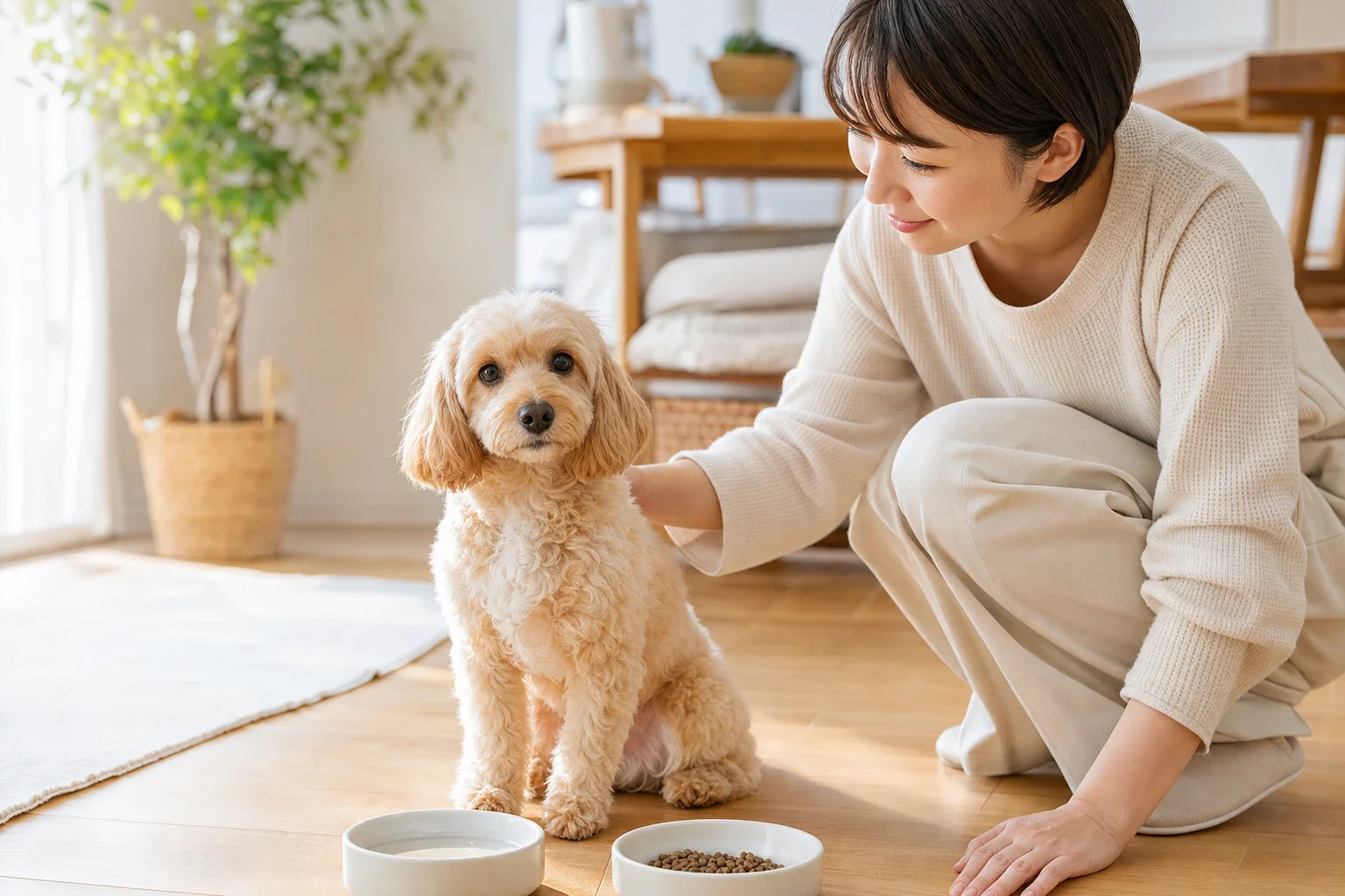 犬が茶色いものを吐いた｜フード由来か、受診が必要なサインか。色の見分けと食事の見直しのイメージ