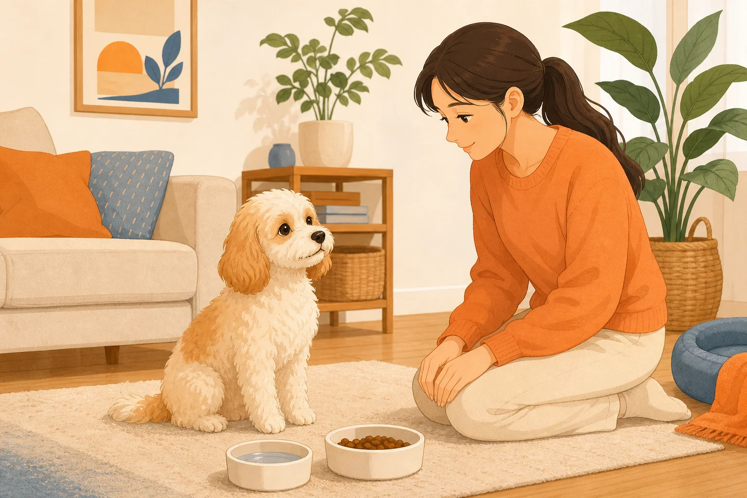 フードボウルのそばで犬の様子を落ち着いて観察する飼い主のイラスト