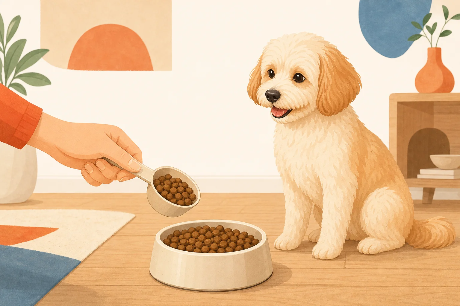 フードを計量スプーンで量り、健康そうな犬に与えるイラスト