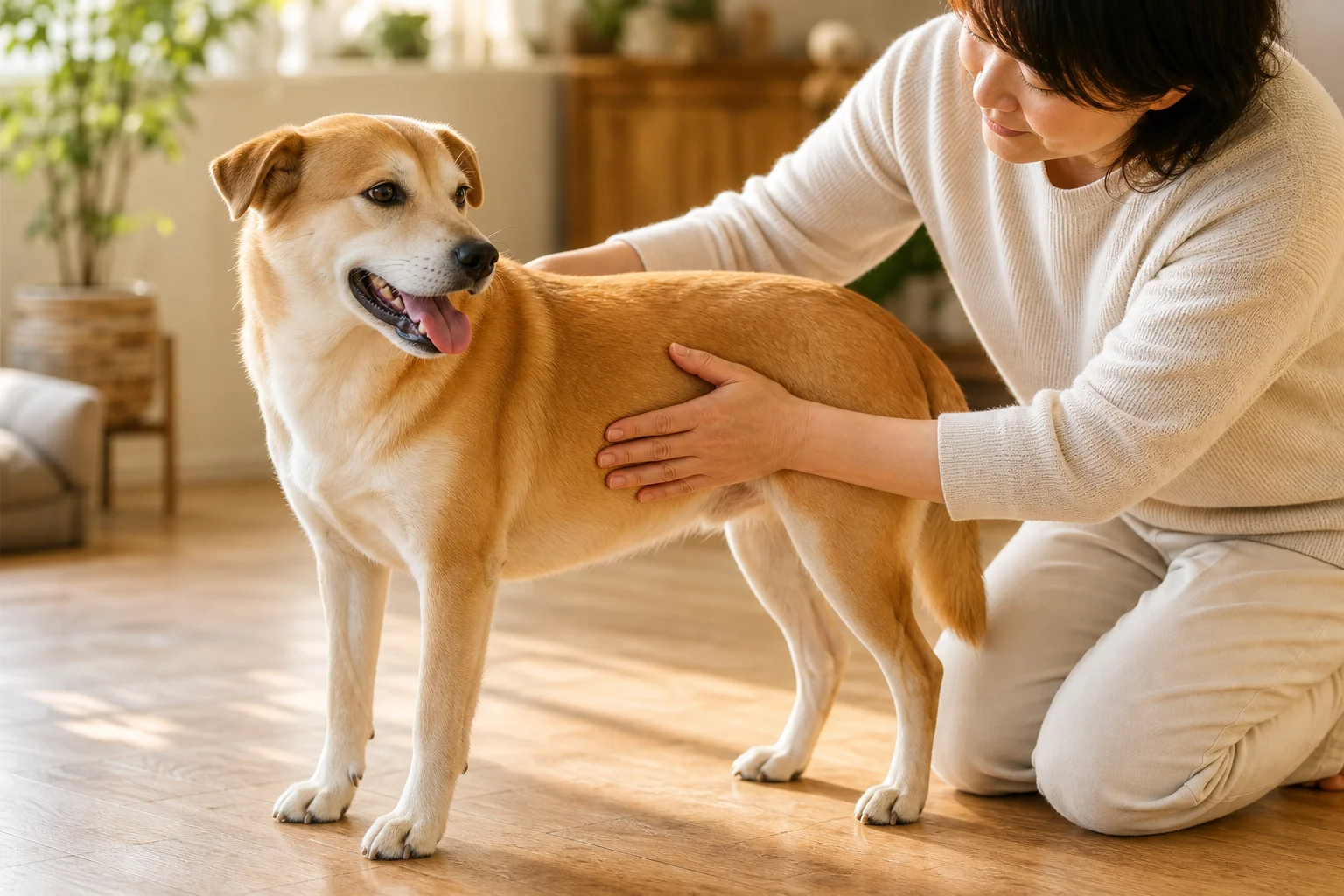 肋骨や腰骨の触れ具合を確認している飼い主と、リラックスした姿勢の犬の写真